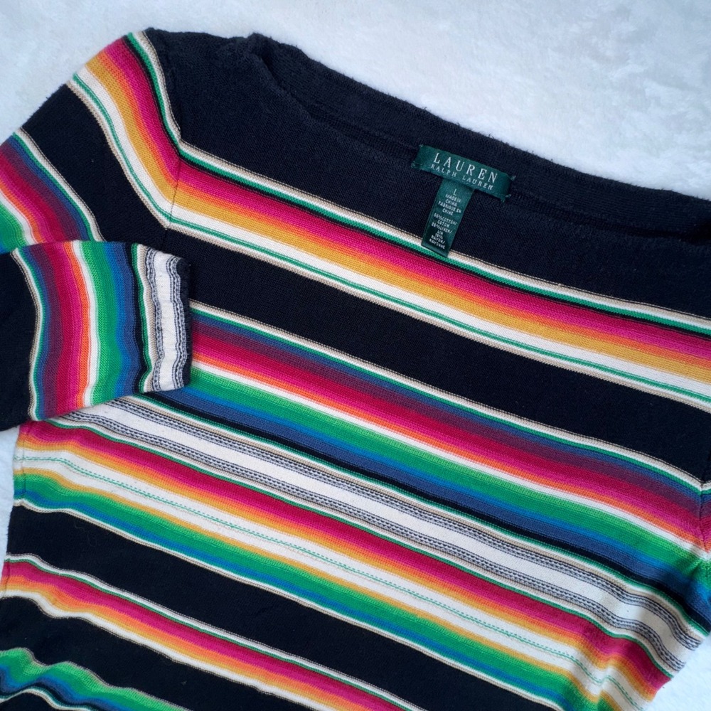 Lauren Ralph Lauren Knit Top Womens L Black Multi Stripe Boat Neck 3/4 Sleeve